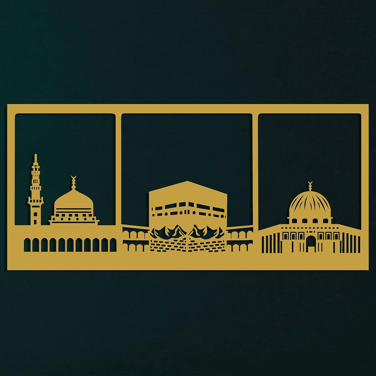 Gold Metal Wall Art – Kaaba Islamic Decor & Calligraphy for Muslim Homes