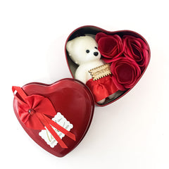 Pack of 2 Heart-shaped metal box red rose and a cute small teddy bear.