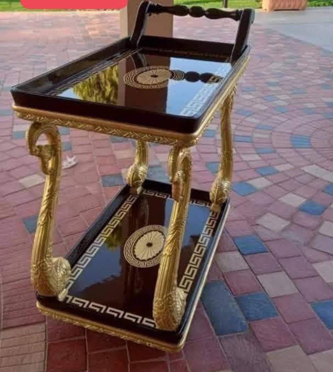 2 TIER TEA TROLLY SHELVES WITH DESIGNED BLACK GLASS