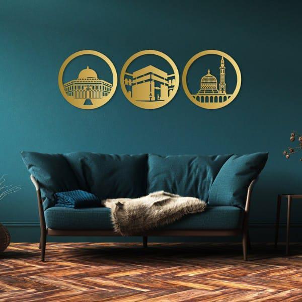 Gold Metal Wall Art – Kaaba Islamic Decor & Calligraphy for Muslim Homes (Round)