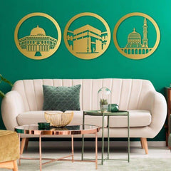 Gold Metal Wall Art – Kaaba Islamic Decor & Calligraphy for Muslim Homes (Round)