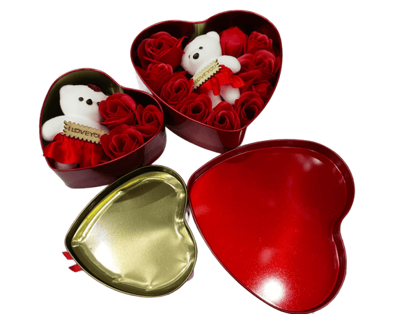 Pack of 2 Heart-shaped metal box red rose and a cute small teddy bear.